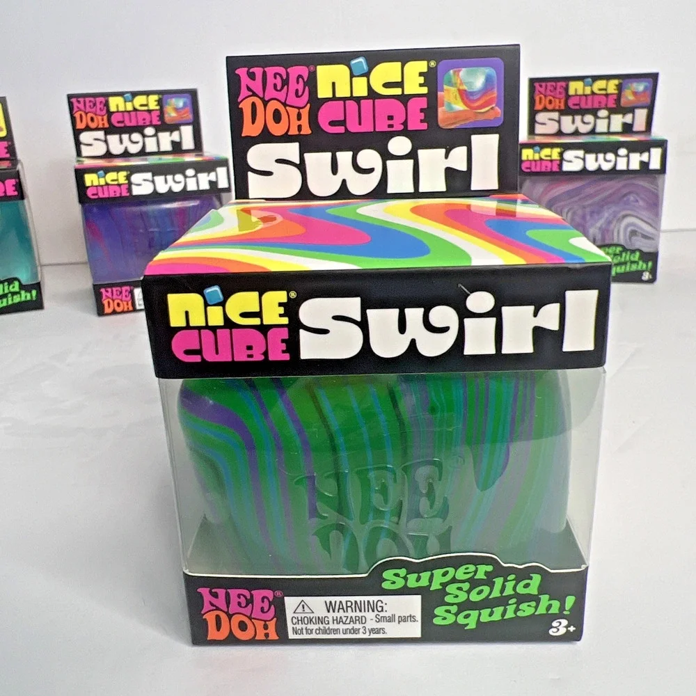 NeeDoh Nice Cube Swirl Set of 3 Green/Purple/Blue and 1 Nice Cube Squishy